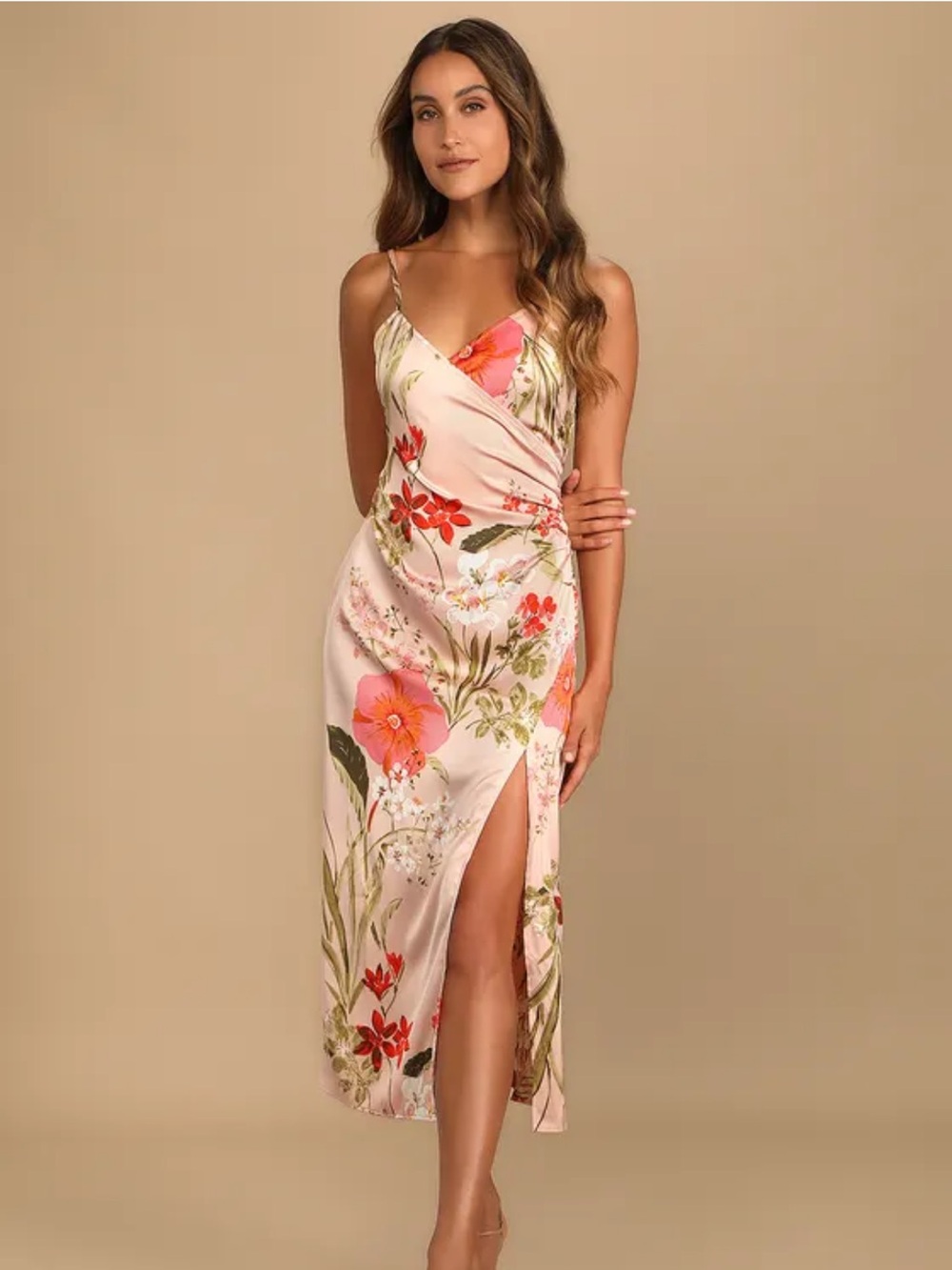If By Sea LA Blush Pink Floral Satin Faux-Wrap Maxi Dress Size Medium